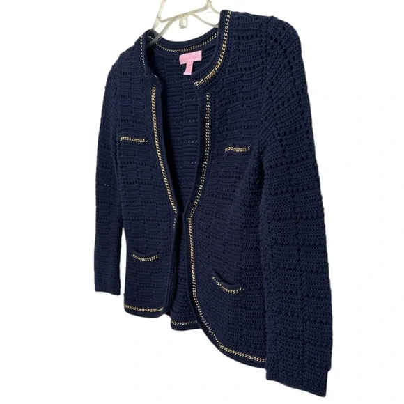 Lily Pulitzer navy cardigan with gold chain accents XS EUC DH-15 - Picture 5 of 6
